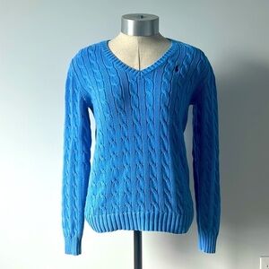 100% cotton Polo Ralph Lauren Blue Cable Knit V-neck Sweater Long Sleeve -medium